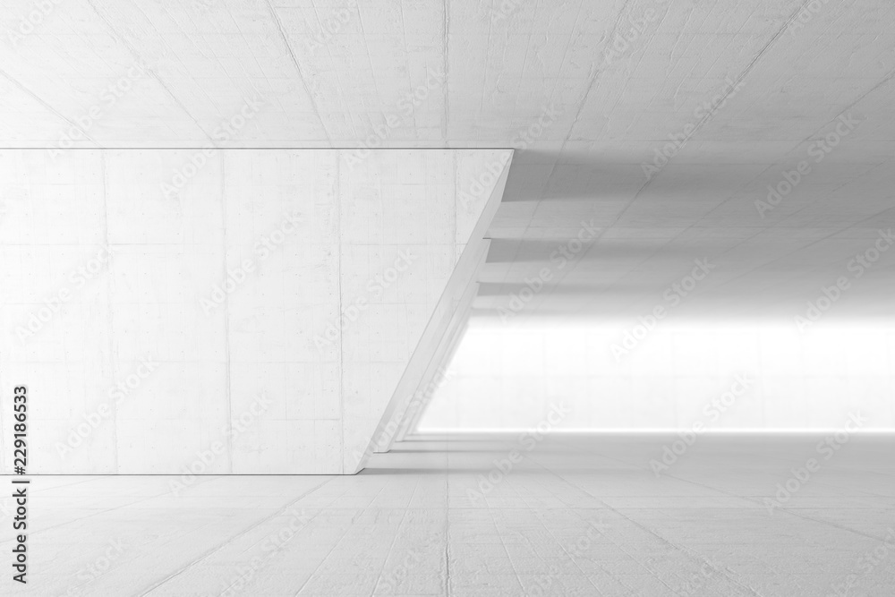 Abstract Empty space with white wall. Modern blank showroom with floor. Future concept. 3d rendering.