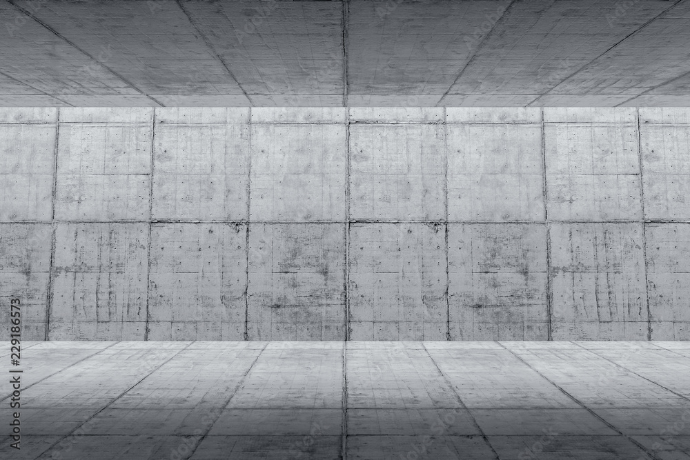 Abstract Empty space with concrete wall. Modern blank showroom with floor. Future concept. 3d rendering.