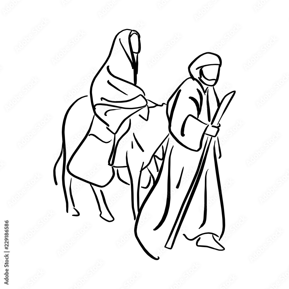 Mary and Joseph in the dessert with a donkey on Christmas Eve searching for a place to stay vector illustration sketch doodle hand drawn with black lines isolated on white background Mary and Joseph in the dessert with a donkey on Christmas Eve searching for a place to stay vector illustration sketch doodle hand drawn with black lines isolated on white background