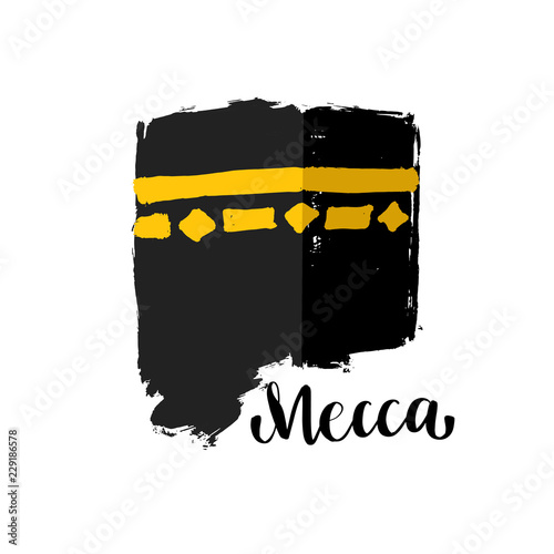 Vector brush painted Islamic symbol kaaba in Mecca. Icon for Hajj and Ramadan or Eid. Lettering text Mecca