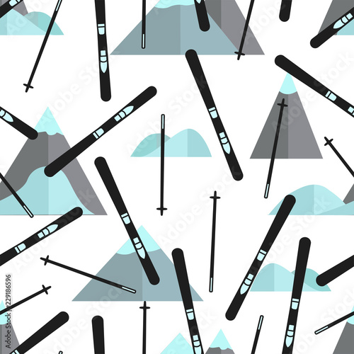 Seamless pattern with black skis and colorful mountains.