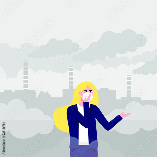 Confused woman wearing mask against smog. Fine dust, air pollution, industrial smog protection concept flat style design vector illustration. Industrial plant pipes with huge clouds of smoke behind.