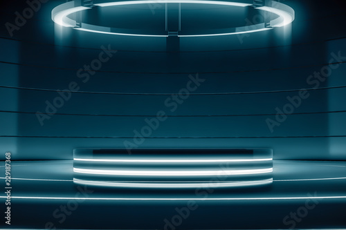 Futuristic round pedestal or platform with Chandelier. Blank product poduim or stand. Future empty stage with glow light. Future background for design. 3d rendering