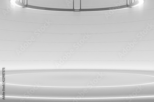 Futuristic pedestal or platform with Chandelier. Blank product poduim or stand. Future empty stage with glow light. Future background. 3d rendering
