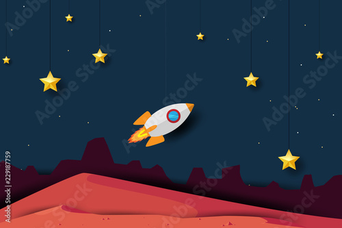 Mars planet with rocket paper art design background. Cute design. Cartoon space background. Vector illustration. EPS 10