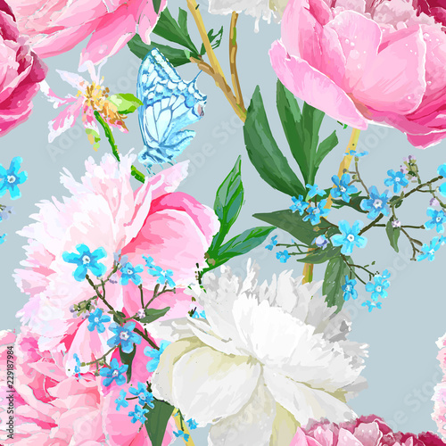 Peonies and forget-me-nots.