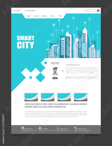 One Page Website Template with Flat illustration of Smart City Header Design