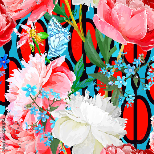 Peonies and forget-me-nots.