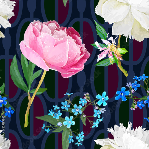 Peonies and forget-me-nots.
