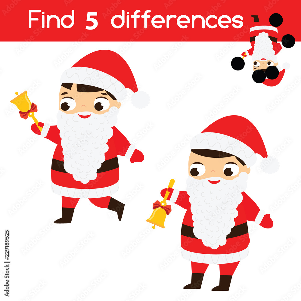 Find the differences educational children game. Kids activity sheet with boy in Santa Claus costume. Christmas, New Year theme theme Find the differences educational children game. Kids activity sheet with boy in Santa Claus costume. Christmas, New Year theme theme