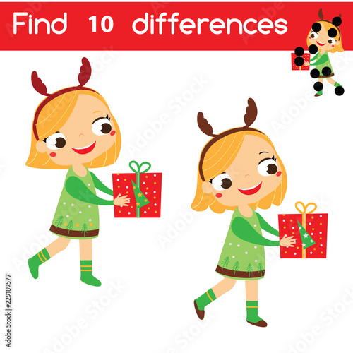Find the differences educational children game. Kids activity sheet with girl holding gift box. Christmas, New Year theme theme