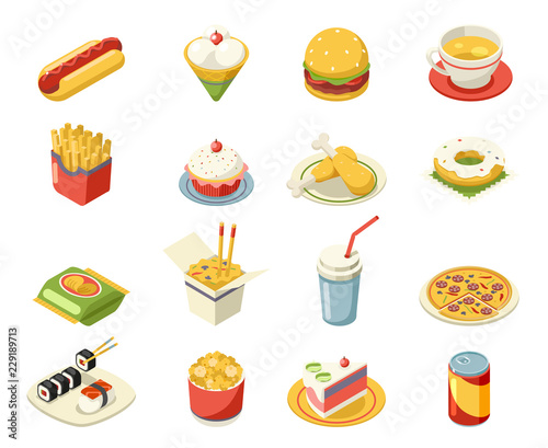 Isometric fast food 3d icons set flat design design vector illustration