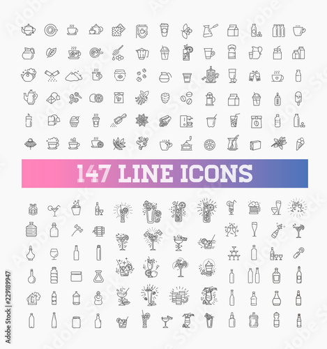 147 drinks thin vector icon set