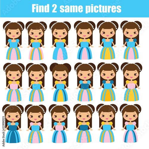 Find the same pictures children educational game. Find pairs of cute princess