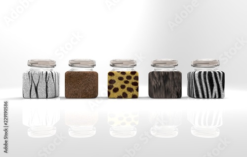 3d rendering multiple animal skins bottleZebra, leopard etc.