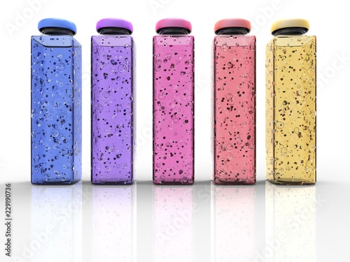 Foto Bottle container with five colors of carbonated water with 3d rendering