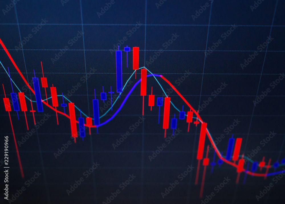 Red and blue candlestick chart, close-up
