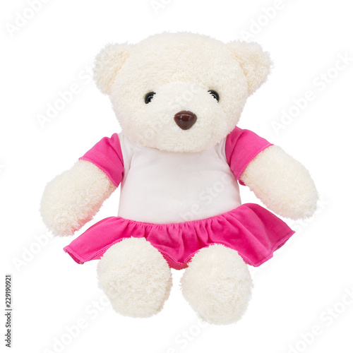 Cute teddy bear doll on white background and white uniform for design or put your photo.