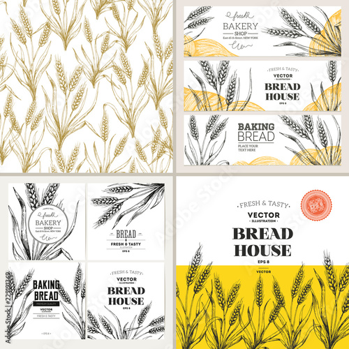 Bread design template collection. Banners, pattern, composition. Vector illustration