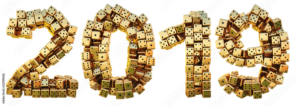 new 2019 year from the golden dice. isolated on white. 3D illustration. new 2019 year from the golden dice. isolated on white. 3D illustration.