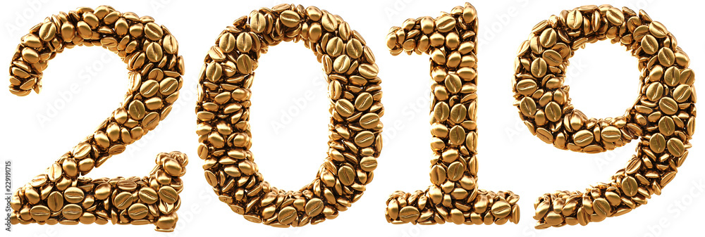 new 2019 year from gold coffee beans. isolated on white. 3D illustration