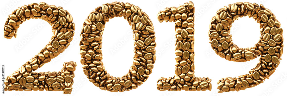 new 2019 year from gold coffee beans. isolated on white. 3D illustration new 2019 year from gold coffee beans. isolated on white. 3D illustration