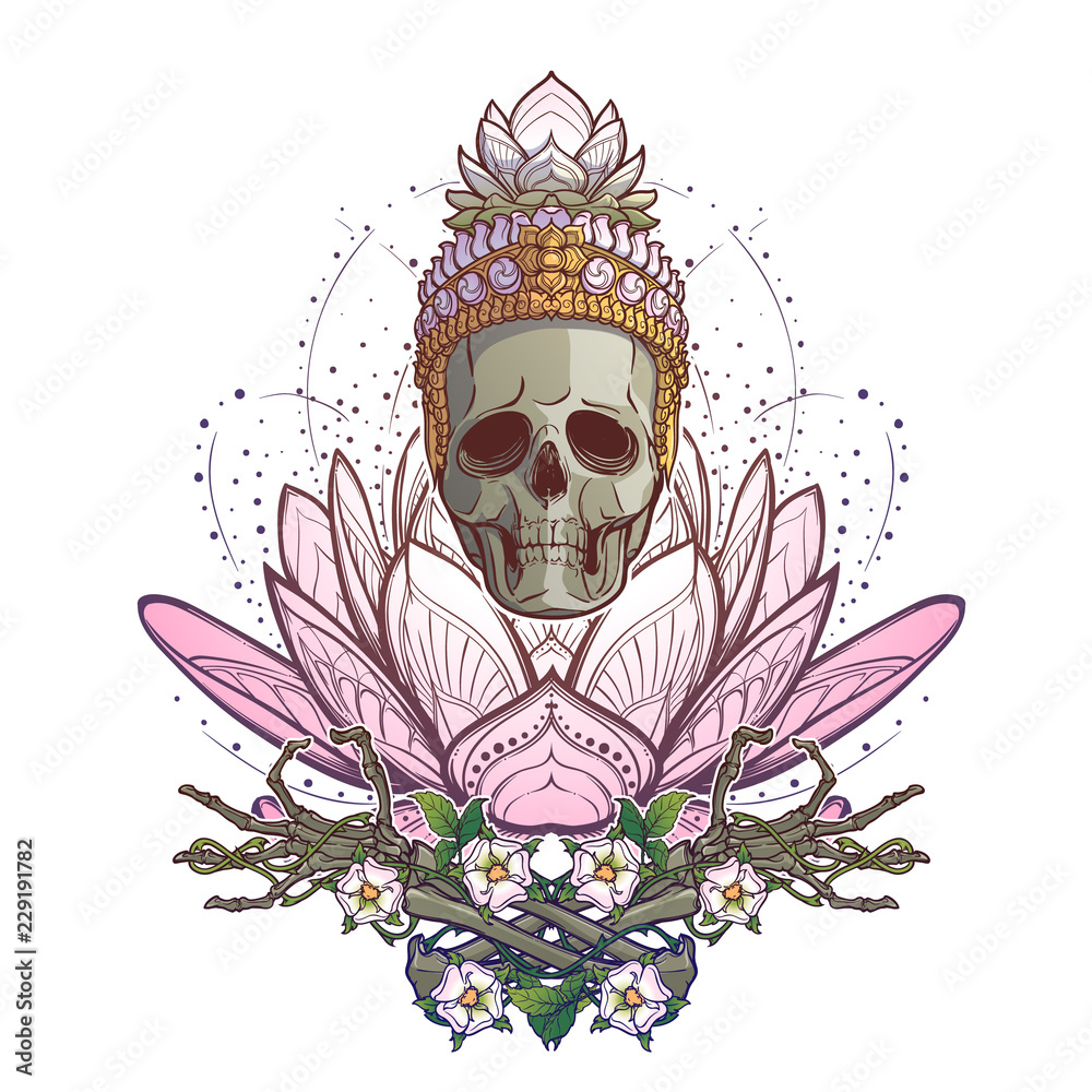 Meditating Skeleton Human Skull And Hands On A Sacred Lotus Flower Intricate Hand Drawing Isolated On White Background Tattoo Design Eps10 Vector Illustration Stock Vector Adobe Stock