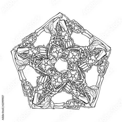 Halloween pentagrame. Human hand bones and dog-rose flowers arranged in an intricate gothic occult ornament. Tattoo design. Isolated on white background. EPS10 vector illustration