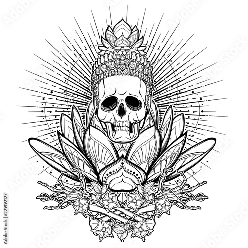 Meditating Skeleton. Human skull and hands on a sacred lotus flower. Intricate hand drawing isolated on white background. Tattoo design. EPS10 vector illustration