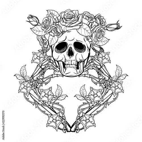 Halloween Santa Muerte. Human skull in a rose wreath and hand bones in dog-rose garlands. Mystical character. Tattoo design. Isolated on white background. EPS10 vector illustration
