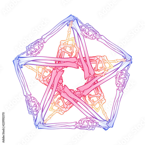 Halloween pentagrame. Human hand bones arranged in an intricate gothic occult ornament. Tattoo design. Trendy colored line drawing Isolated on white background. EPS10 vector illustration