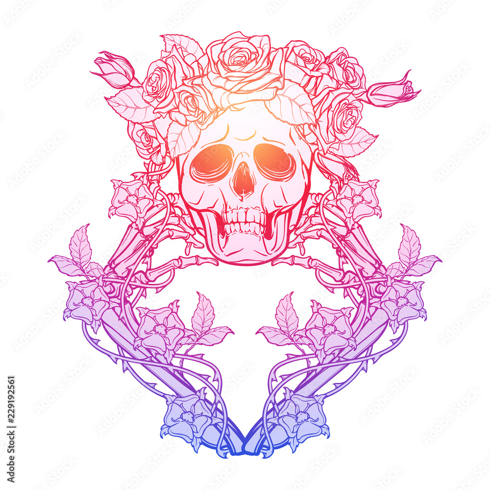 Halloween Santa Muerte. Human skull in a rose wreath and hand bones in  dog-rose garlands. Mystical character. Tattoo design. Trendy colored line  drawing Isolated on white background. EPS10 vector Stock Vector |