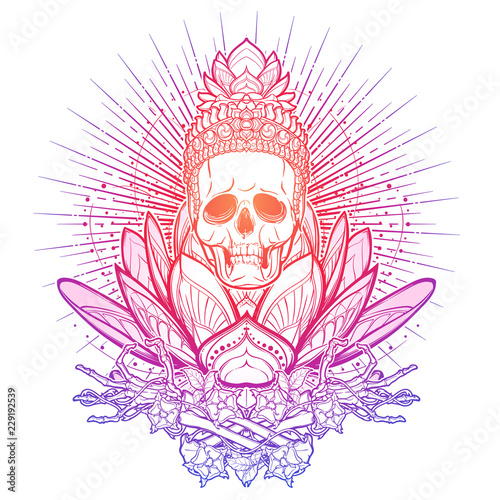 Meditating Skeleton. Human skull and hands on a sacred lotus flower. Trendy colored line drawing isolated on white background. Tattoo design. EPS10 vector illustration