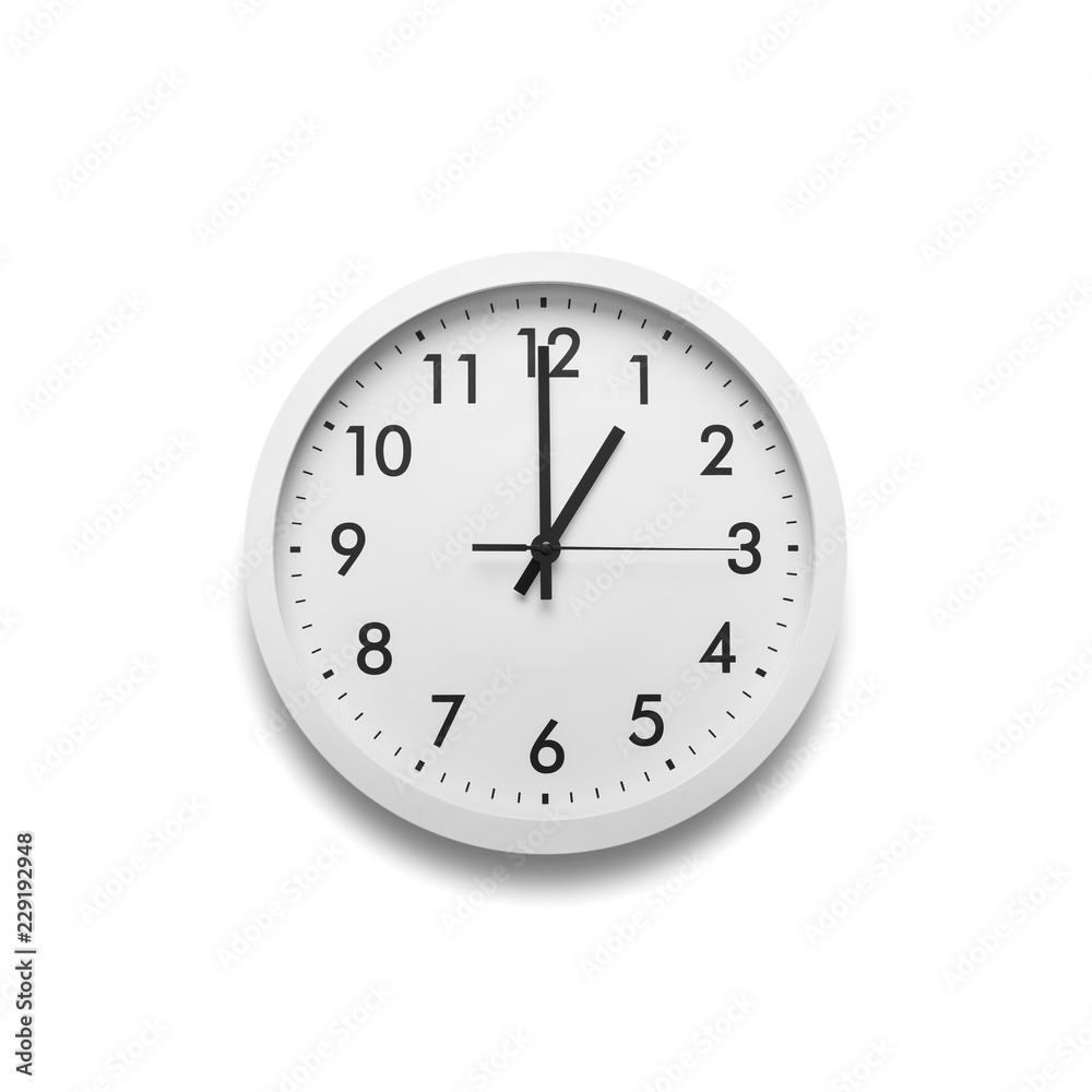White wall clock isolated on white background. White wall clock isolated on white background.