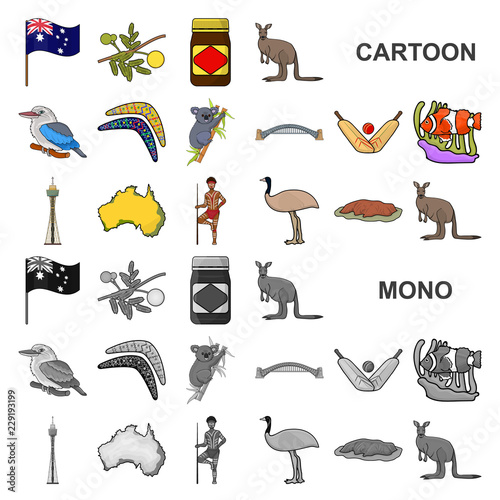 Country Australia cartoon icons in set collection for design.Travel and attractions vector symbol stock web illustration.