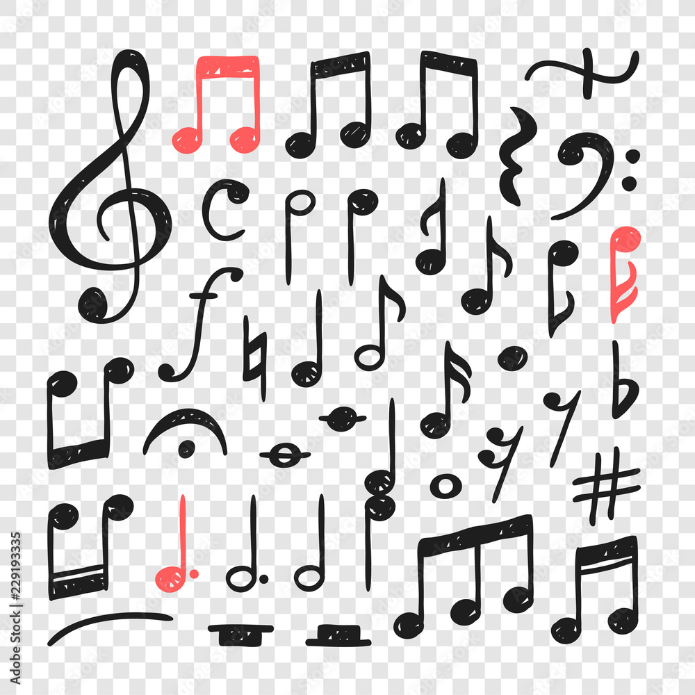 Hand drawn music notes illustration. Doodle set of symbols. Creative ink art work. Actual vector drawing Hand drawn music notes illustration. Doodle set of symbols. Creative ink art work. Actual vector drawing
