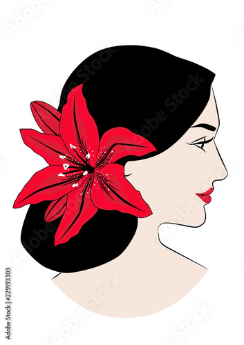 Woman's portrait. Side view. Hairstyle with red lily flower. Vector illustration. Eps 10.