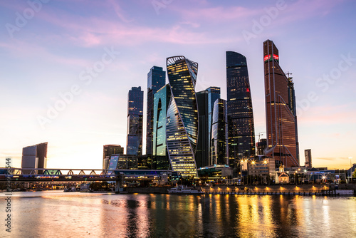 View of the Moscow International Business Center from the quay of Taras Shevchenko at sunset. Moscow  Russia
