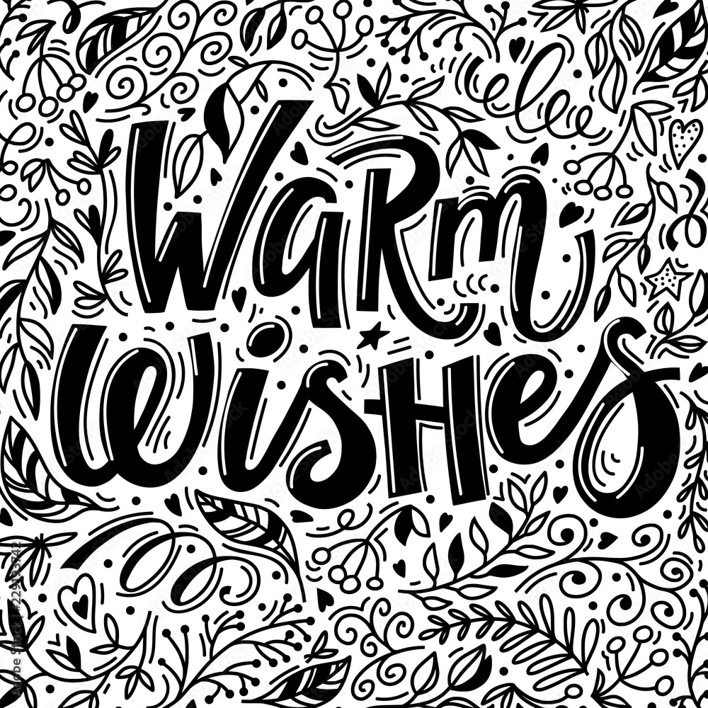 Christmas greeting card with Warm Wishes text and hand drawn doodle elements, vector illustration on white background. Christmas greeting card, banner - Warm Wishes text, doodle elements