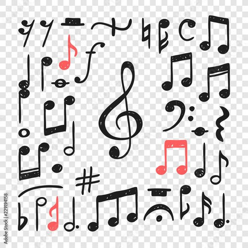 Hand drawn music notes illustration. Doodle set of symbols. Creative ink art work. Actual vector drawing