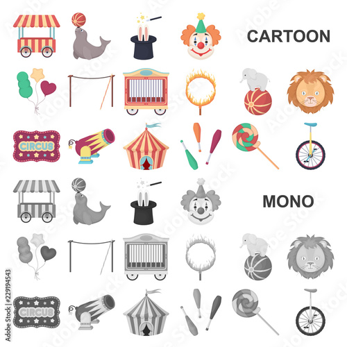 Circus and attributes cartoon icons in set collection for design. Circus Art vector symbol stock web illustration.
