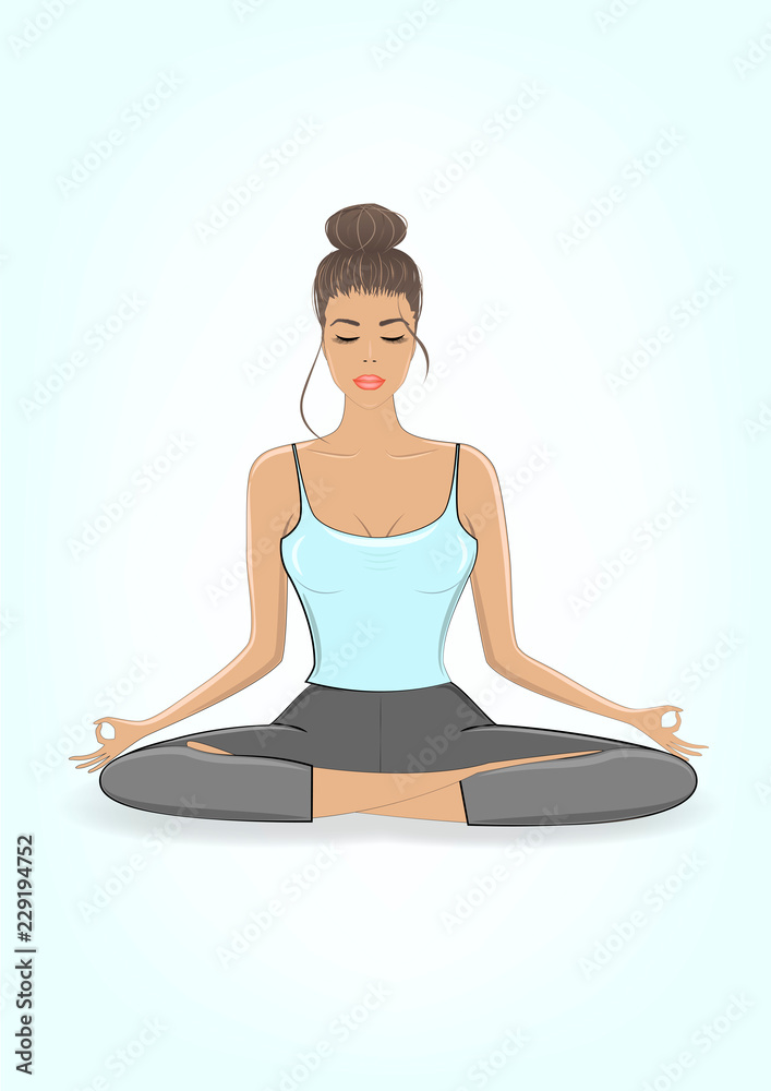 young beautiful woman practicing yoga in lotus pose, vertical vector illustration