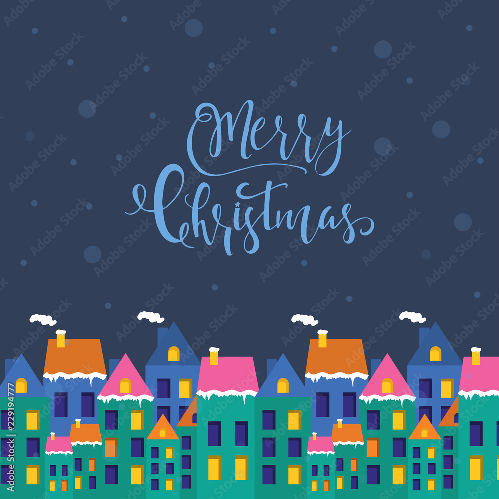Merry Christmas greeting card with snowy buildings, homes, houses.