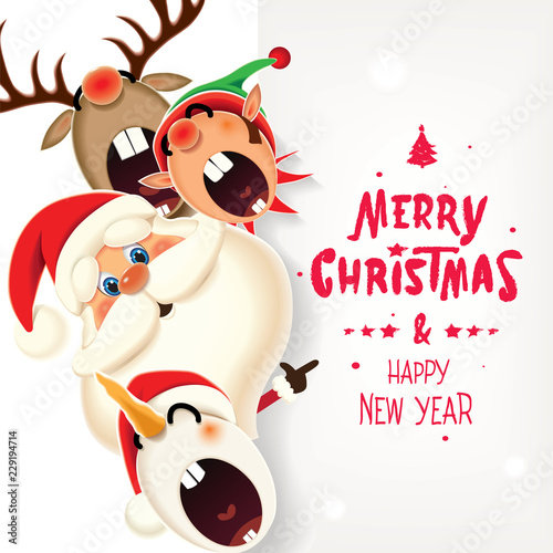 Christmas companions-Santa Claus, Snowman,Reindeer and Elf with textual signboard isolated on a white background