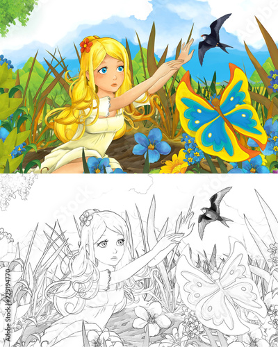 cartoon scene with beautiful tiny elf girl on the meadow looking at flying butterfly and cuckoo bird - with coloring page - creative illustration for children