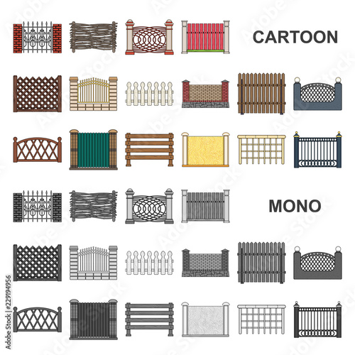 Different fence cartoon icons in set collection for design.Decorative fencing vector symbol stock web illustration.