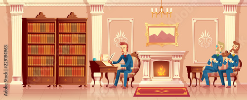 Vector cartoon interior of baroque living room with male company, gentlemen near of fireplace. People on sofa with tea cups inside of rococo ballroom in pink colors. Appointment in library with books.