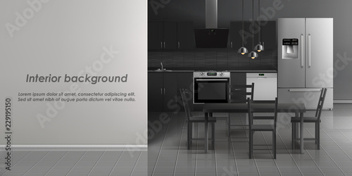 Vector mockup of kitchen room interior with household appliances, refrigerator, stove with cooker hood, dining table with chairs, gray tiled floor. Minimalist modern design, template for roll banner