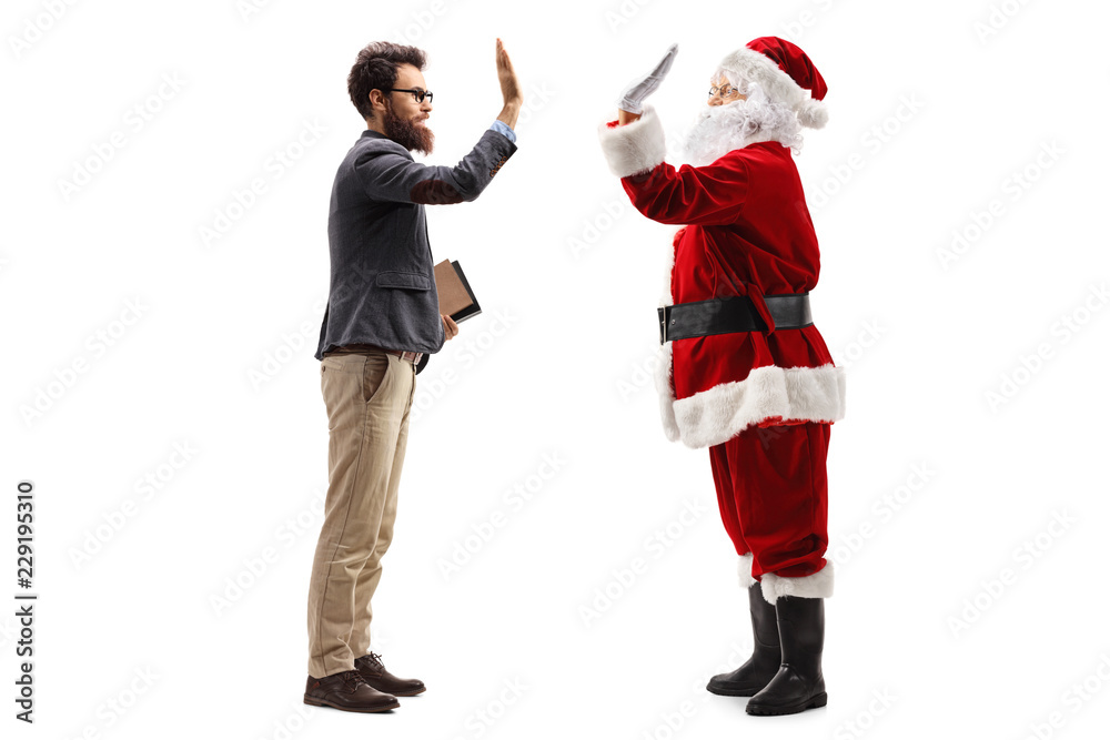 Professor high-fiving Santa Claus Professor high-fiving Santa Claus