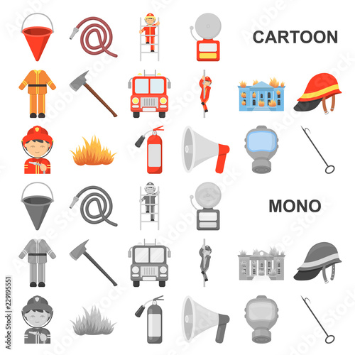 Fire Department cartoon icons in set collection for design. Firefighters and equipment vector symbol stock web illustration. photo